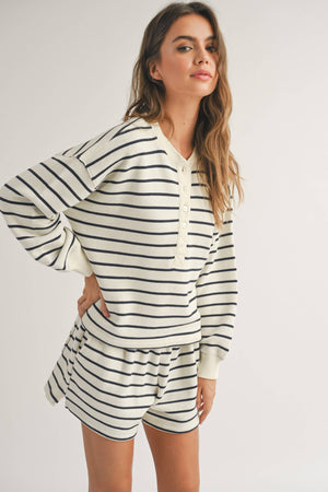 Striped Terry Fabric Half Button Top in Navy Stripe