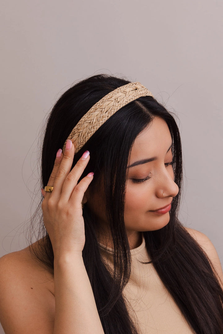 Vegan Leather Patterned Headband In Taupe