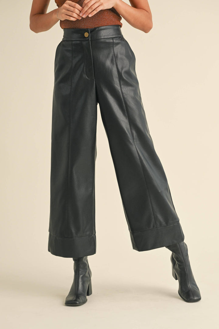 Pu Wide Straight Leg Pants in Black