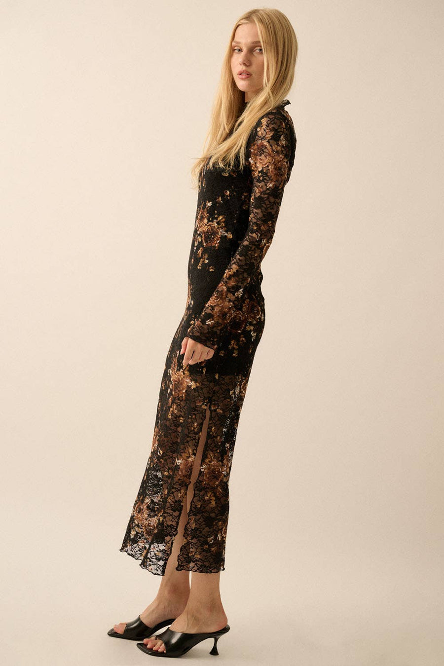 Floral Print Lace Midi Dress in Black