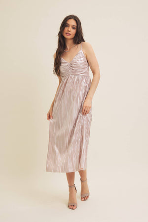 Shiny Metallic Pleated Midi Dress with Smocked Back