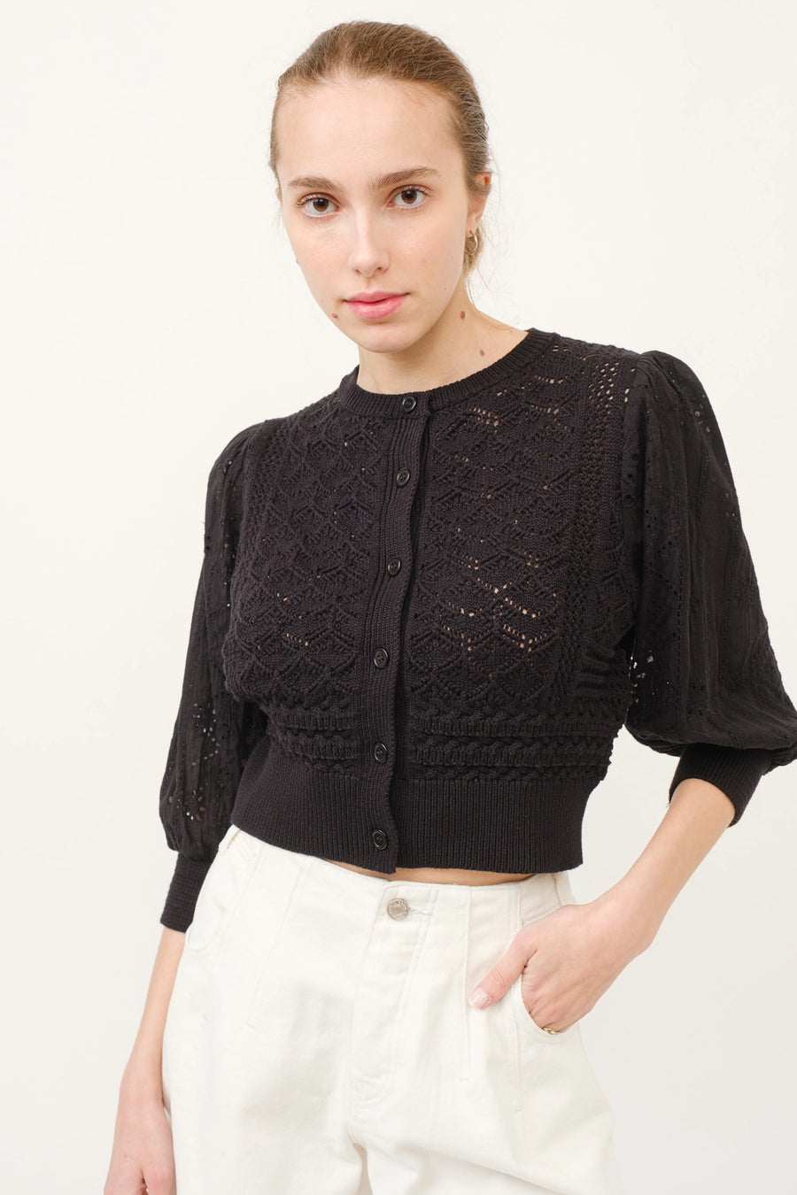 Hendry 3/4 Sleeve See Through Cardigan in Black