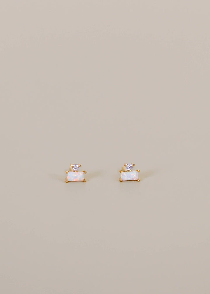 Double Stud Stack Gold Earrings in Opal White by JaxKelly