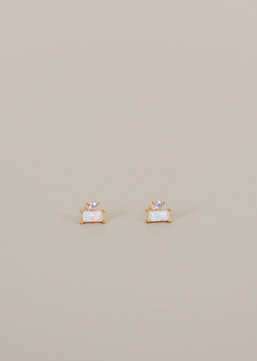 Double Stud Stack Gold Earrings in Opal White by JaxKelly