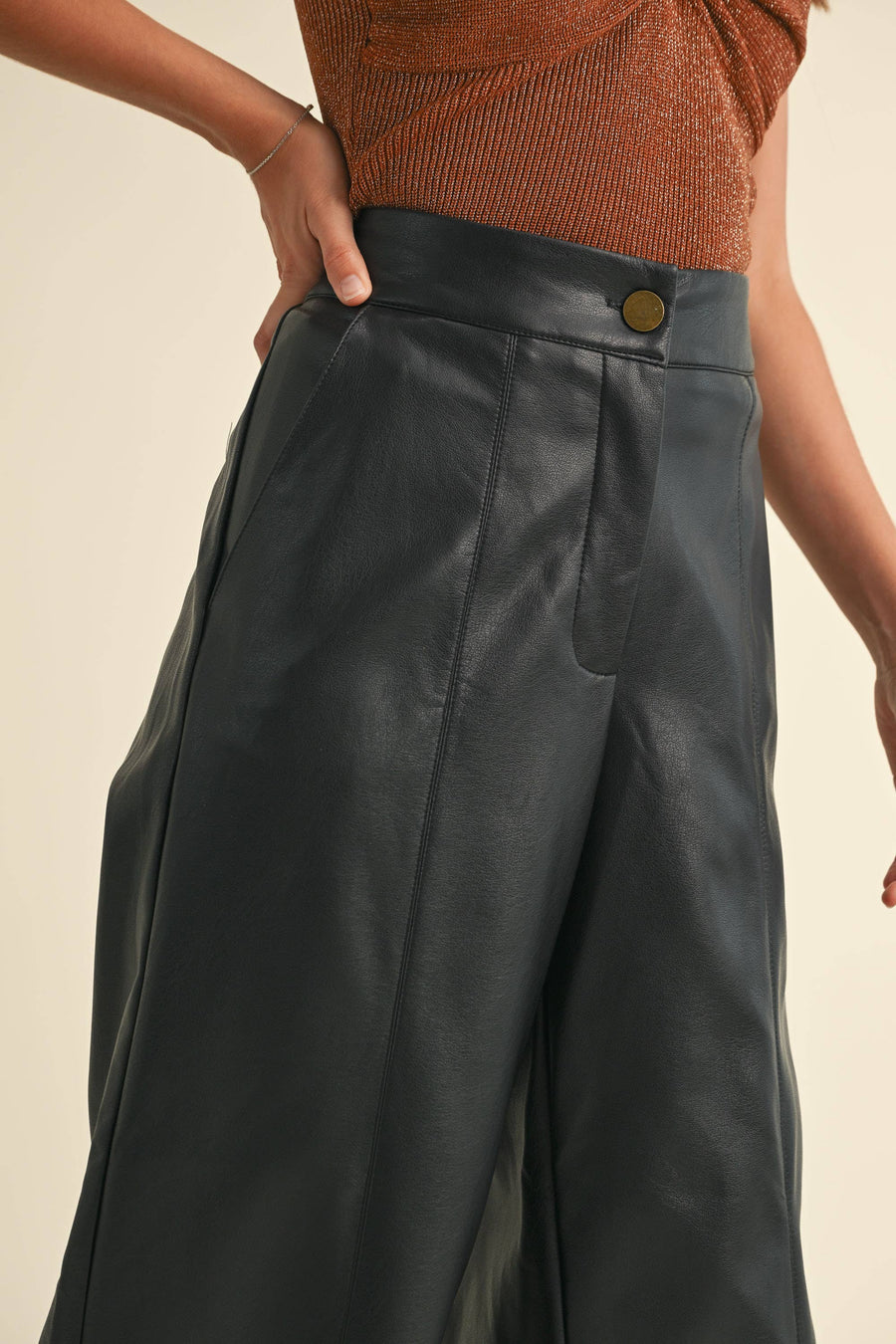 Pu Wide Straight Leg Pants in Black