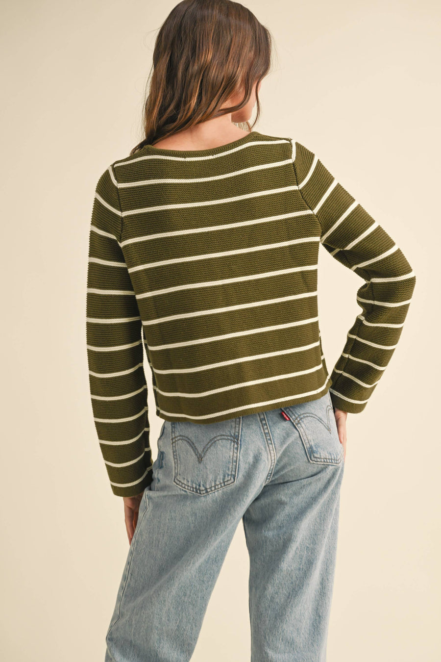 Striped Tied Front Cardigan in Olive and White