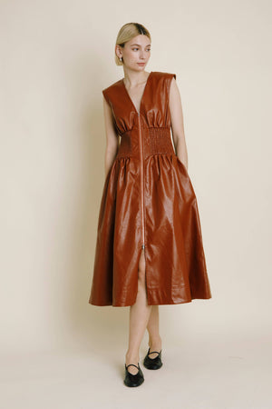 Vegan Leather Smocked Midi Dress