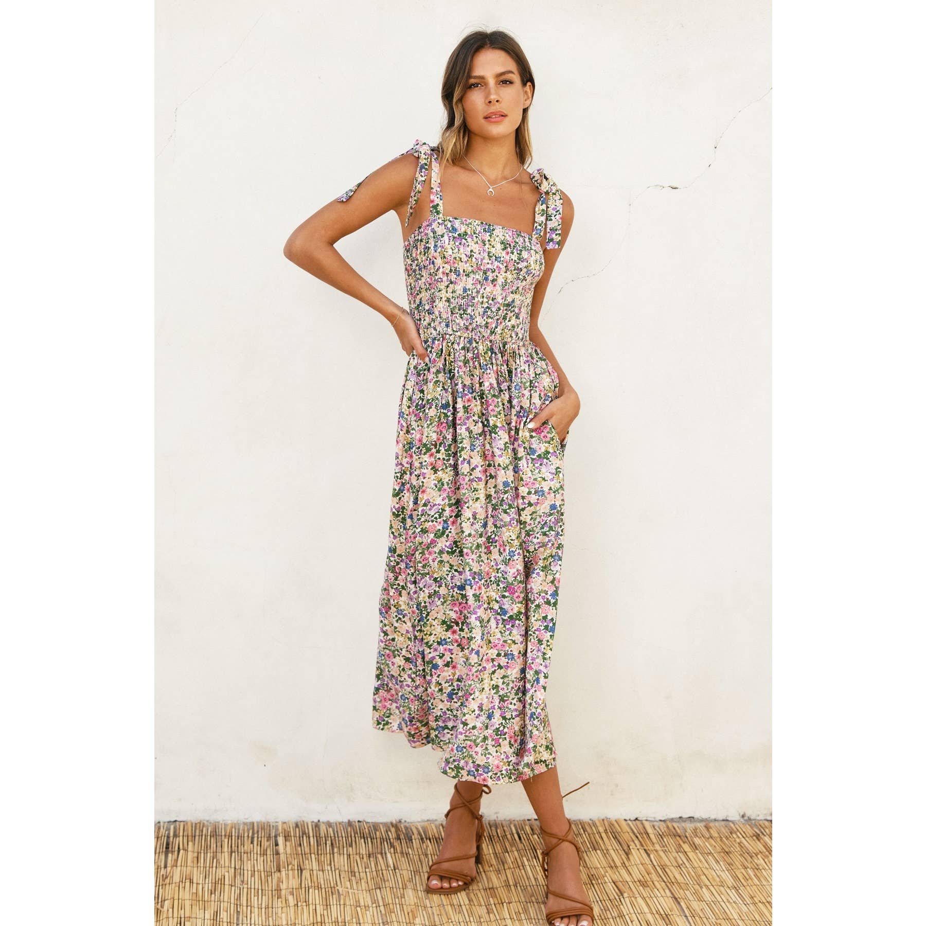 knee length dresses for ladies Cream Floral Smocked Long Sleeve Maxi Dress main image 0