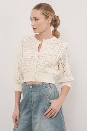 Hendry 3/4 Sleeve See Through Cardigan in Cream