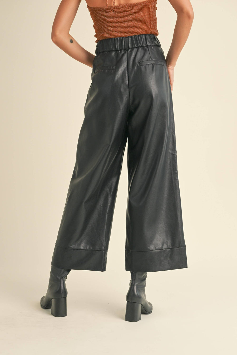 Pu Wide Straight Leg Pants in Black