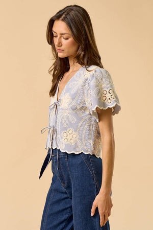 Floral Embroidery Scalloped Trim Top
