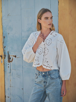 Denim Embroidery Volume Sleeve Blouse Top by Aaron & Amber