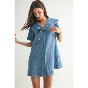 Stylish Denim Dress with Embroidery Cherries