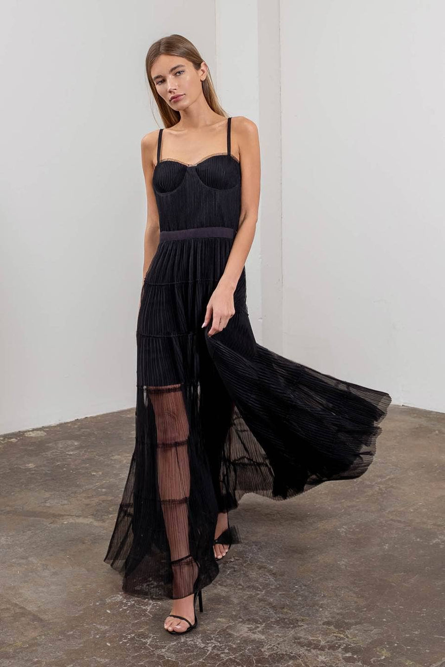 Pleated Tulle Semi-Sheer Tiered Dress