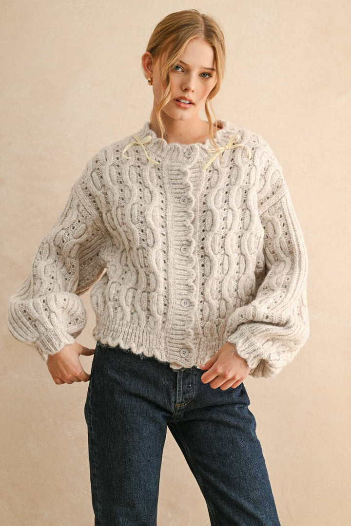 Scalloped Edge Cable Knit Cardigan