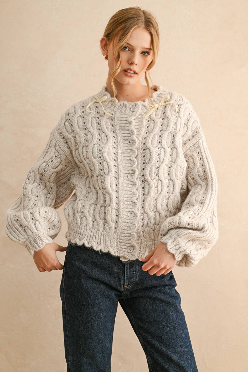 Scalloped Edge Cable Knit Cardigan