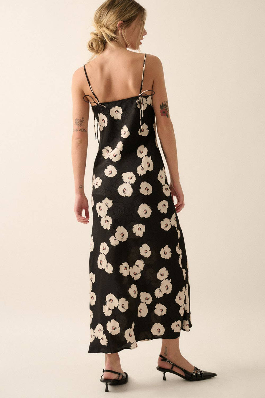 Floral Woven Self-Tie Maxi Dress in Black