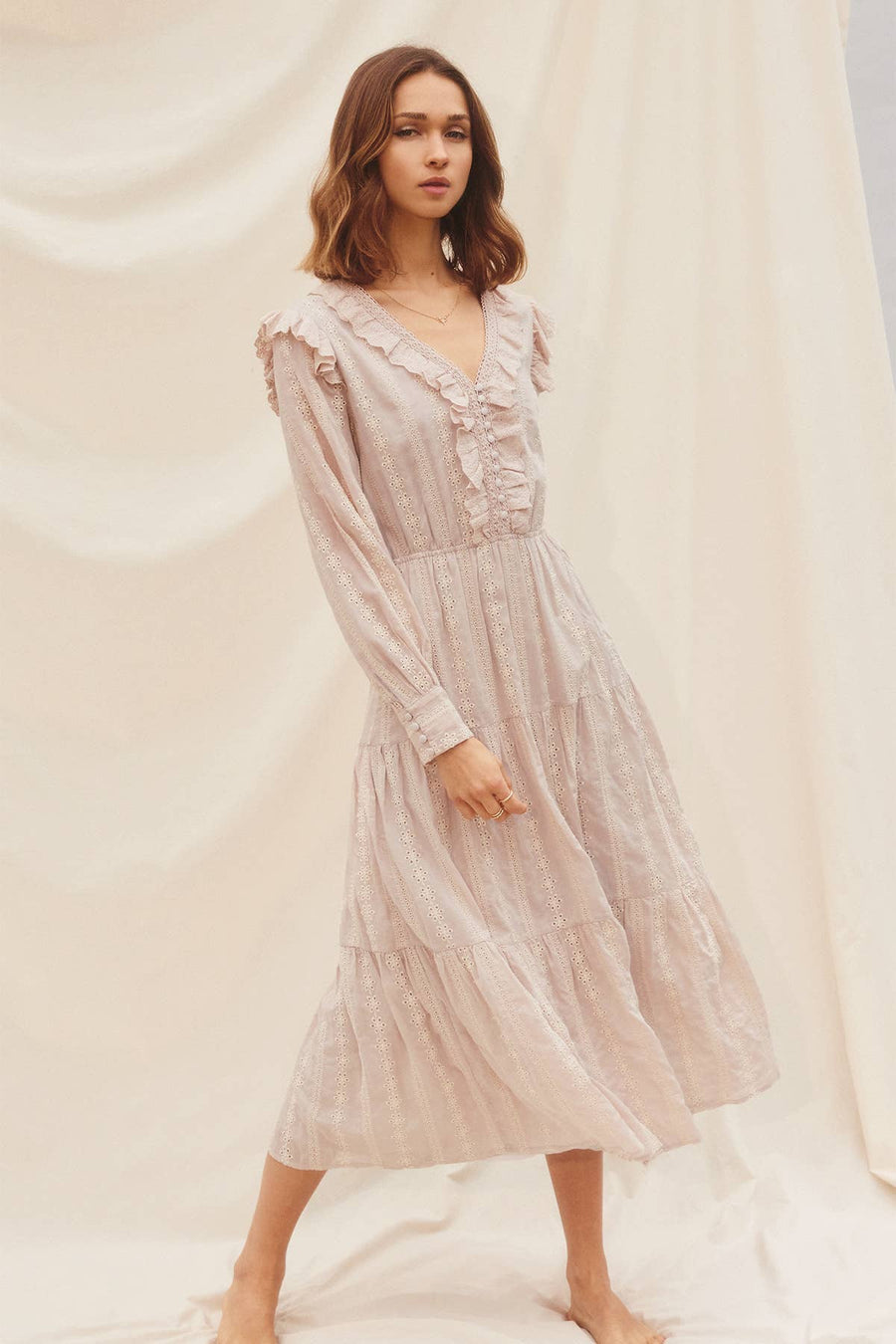 Striped Eyelet Ruffled Tiered Dress