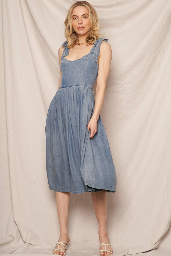 Shoulder Tie Fit and Pleated Denim Midi Dress