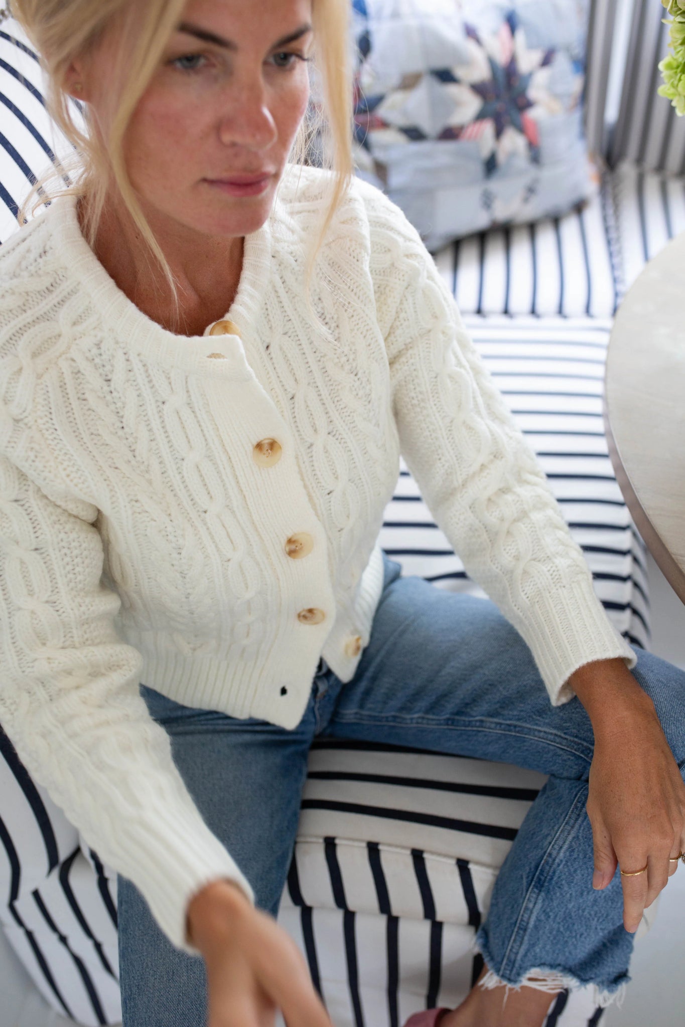 White cable knit cardigan sweater best sale