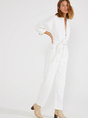 Zeta Carpenter Jumpsuit in Vintage White by Etica Denim