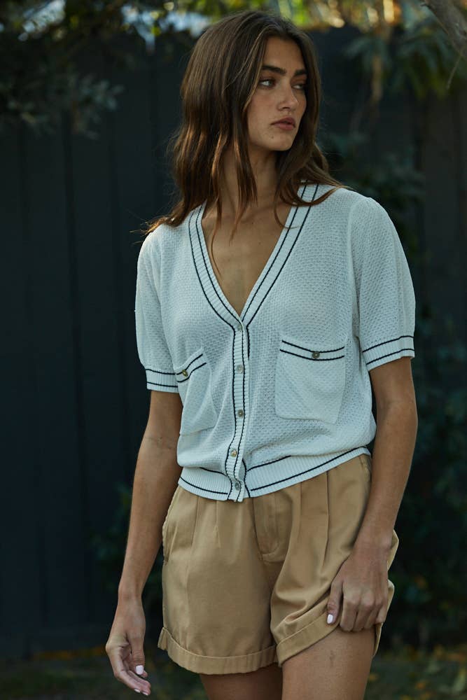 Knit Button Down V-Neck Sweater in Off White from By Togther