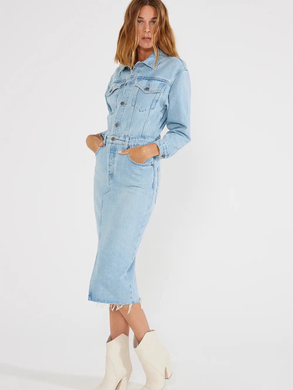 White long sales sleeve denim dress