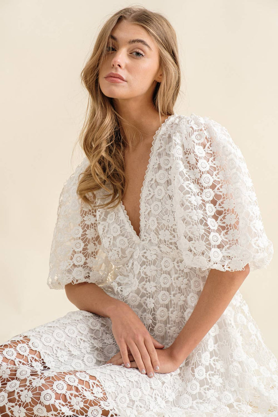 Guipure Lace Flare Knee Length Dress in Off White
