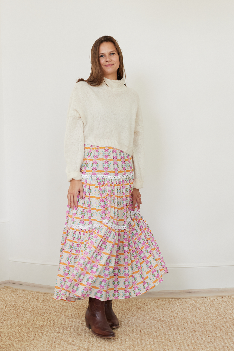 Triple Tiered Maxi Skirt in Begonia by Brooks Avenue